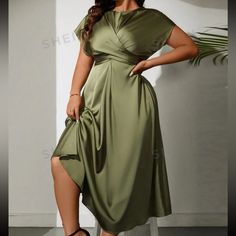 New With Tags . Ta Satin Dress Styling Plus Size, Emerald Green Silk Dress Plus Size, Wrap For Green Dress, Plus Size Green Silk Dress, Silk Dress Plus Size, Shein Dress, I Love Mom, Shein Dresses, Dress Plus Size