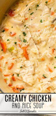 closeup of a pot of soup with text overlay that reads creamy chicken and rice soup Creamy Chicken And Wild Rice, Chicken And Wild Rice Soup, Thriving Home