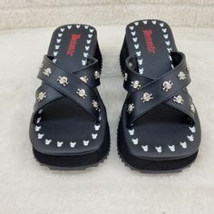 Flip Demonia Goth Slip On Sandals With Skull Studs In House Stock NY 8-12 | Totally Wicked Footwear Demonia Platform Sandals, Demonia Sandals Outfit, Mall Goth Shoes, Demonia Sandals, Goth Sandals, Skull Sandals, Goth Shoes, Demonia Shoes, Aesthetic Streetwear