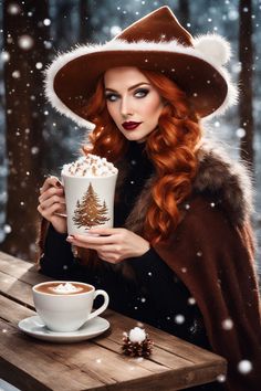 a woman with red hair is holding a cup of coffee and wearing a santa hat