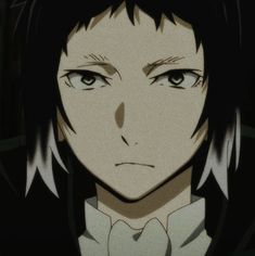 an anime character with black hair and white collared shirt looking at the camera while wearing a bow tie