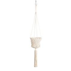 a white hanging planter with a rope