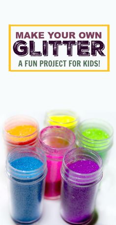 a group of small jars filled with different colored powders and the words make your own glitter