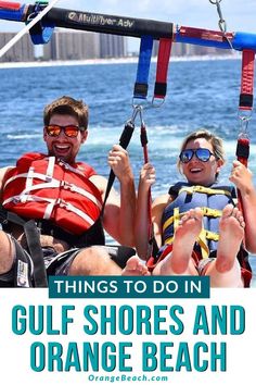 two people on a boat with text overlay that reads things to do in gulf shores and orange beach