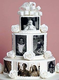 a three tiered cake with pictures on it