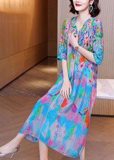 Women Light Blue V Neck Patchwork Print Silk Maxi Dresses Half Sleeve Patchwork Dress For Spring Vacation, Spring Vacation Dress With Patchwork, Light Blue Long Sleeve Midi Dress For Summer, Spring V-neck Patchwork Maxi Dress, Light Blue V-neck Midi Dress, Spring V-neck Maxi Dress With Patchwork, Casual Blue Patchwork Midi Dress, Casual Blue Patchwork Dresses, Blue Patchwork V-neck Dress