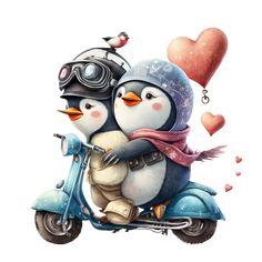 two penguins are riding on a scooter with a heart shaped object in the back