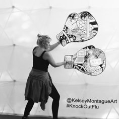 a woman in black and white is holding up two hand drawn lightbulbs