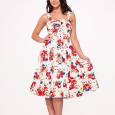 Hearts & Roses London White & Red Floral A-Line Dress Size L: Bust 41.5 Inches, Waist 32 Inches, Hips 52.5 Inches, Us Size 10, Uk Size 14 Smoke-Free, Pet-Friendly Home Retro Rose Print Summer Dress, White Floral Dress With Rose Print For Garden Party, Retro Rose Print Spring Dresses, Spring Dresses With Rose Details, Spring Dresses With Roses, White Summer Floral Dress With Rose Print, Summer White Floral Dress With Rose Print, Red Rose Print Dress For Spring, White Floral Dress With Rose Print For Summer