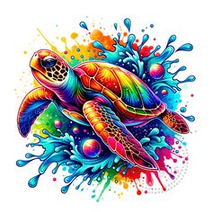 a colorful turtle with splash paint on it's body and head, swimming in the water