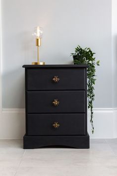 a black chest of drawers next to a potted plant