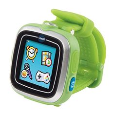 a child's watch with green straps and buttons on the front, showing icons