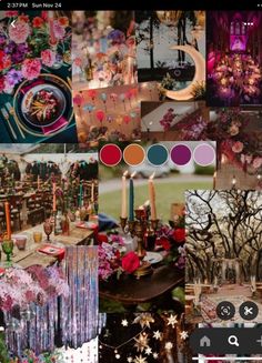 a collage of photos with flowers, candles and other things on it's side