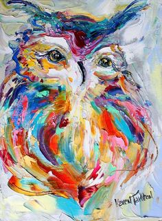 an owl is painted in bright colors