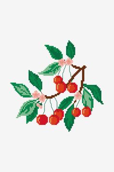 a cross stitch cherry branch with leaves and berries