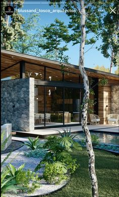 a rendering of a modern house in the middle of a yard with trees and grass