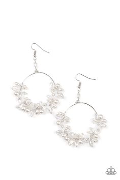 A timeless collection of iridescent crystal-like accents, dainty white pearls, and white floral frames delicately cluster along the bottom of a silver hoop, creating a glamorous glow. Earring attaches to a standard fishhook fitting.

Sold as one pair of earrings. Flare Ring, Floating Gardens, Floating Garden, Silver Circle Earrings, Floral Frames, White Pearl Earring, Iridescent Crystal, Floral Hoops, White Pearl Necklace