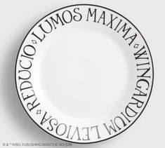 a white plate with black lettering on it