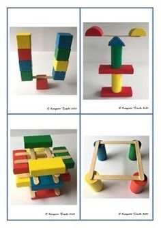 four pictures of different shapes and sizes of wooden toy blocks, including a building block