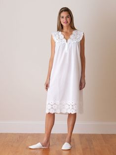 Embracing a European aesthetic of hand embroidery with elegant touches of cotton lace, Jacaranda Living produces a wide variety of high quality luxury linens—for bath, table, sleepwear, and more that feel as good as they look in your home or wardrobe. Breathable and soft, the Eloise Nightgown with Eyelet Lace Bodice & Hem is the perfect nightgown for a weekend away, especially a honeymoon. Super flexible and permitting maximum movement, this is an elegant nightgown that will quickly become a spe Ladies Sleepwear, Living Classic, Nightgown Pattern, Cotton Nighties, Pijamas Women, Cotton Nightgown, Night Dress For Women, Super Flexible, Arabic Language