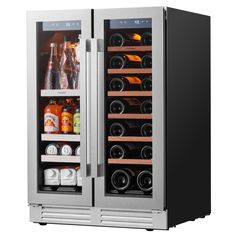 an open wine cooler with many bottles and drinks in it's door, on a white background