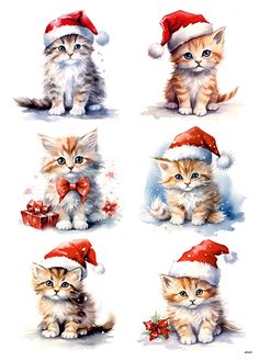 four pictures of kittens wearing christmas hats and holding presents in their paws, all sitting down