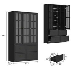 an image of a black cabinet with drawers and measurements for the top drawer, bottom drawer and bottom shelf