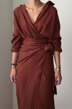 Solid Color V-neck Wrap Dress. PRODUCT DETAILS SKU: LXX-1012. Available In Beige, Dark Navy, 'As in picture'. V Neck. Long Sleeves. Lace-up. Knee, Length: 42''(based on size 8). Cotton. Office Dresses For Women, Mode Abaya, Womens Fall Dress, Cotton Linen Dresses, Linen Midi Dress, Neck Bodycon Dress, Solid Color Dress, Dresses Elegant, Outfits Winter