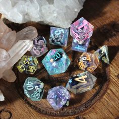 artisan dice, roleplaying dice, 7 piece dice set, tabletop role playing games, dnd, dungeons and dragons, pathfinder, magic the gathering, dice accessories, board games, game accessories, resin crafts, resin art, fantasy game, fantasy craft Candy Rocks, Dice Ideas, Thorny Rose, Dice Making