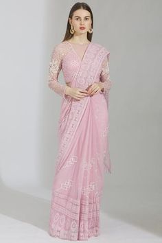 Shop for Rajat and Shraddha Peach Georgette Embellished Pre-draped Saree for Women Online at Aza Fashions Fitted Pre-draped Saree With Chikankari Embroidery, Fitted Pre-draped Saree With Chikankari Embroidery For Diwali, Fitted Pre-draped Saree With Chikankari Embroidery For Eid, Fitted Pre-draped Saree With Chikankari Embroidery For Reception, Saree Women, Peach Saree, Draped Saree, Stitched Saree, Saree For Women