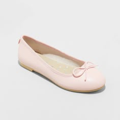 Dress up your little one in cute style in these Diana Slip-On Ballet Flats from Cat & Jack™. These slip-on ballet flats feature a soft upper, and they're designed with a memory foam insole for extra cushioning and comfy walking. Featuring a closed-toe design, these medium-width ballet flats feature a front bow on a solid upper for added flair. Help them pair these with various dresses for cute styling. Cat & Jack™: Classics with an imagination of their own. Coquette Shoes, Pink Ballet Flats, Kids Flats, Girls Flats, Sneaker Art, Pink Flats, Cute Flats, Zipper Boots, Cute Style