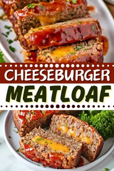 cheeseburger meatloaf on a plate with broccoli