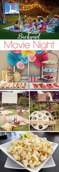 an outdoor movie night with food and decorations