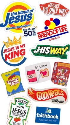 many different stickers are shown together on a white background with the words jesus is my king