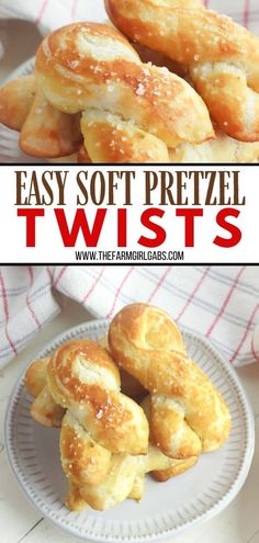 easy soft pretzel twists on a white plate with text overlay that reads easy soft pretzel twists