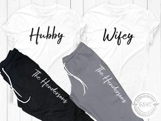 two t - shirts with the words hubby and the honeymoons printed on them