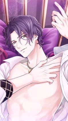 an anime character laying in bed with his shirt open