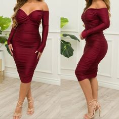 Fashion Ruched Midi Dress Red Wine Color New Size Xxl. Red Knee-length Ruched Midi Dress, Red Ruched Knee-length Midi Dress, Burgundy Ruched Dress For Night Out, Red Ruched Midi-length Bodycon Dress, Red Ruched Midi Bodycon Dress, Red Stretch Ruched Midi Dress, Red Ruched Long Sleeve Bodycon Dress, Red Ruched Dresses For Fall, Red Ruched Midi Dress For Date Night