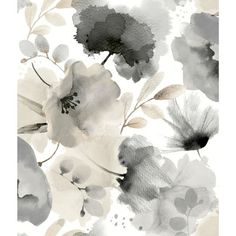 watercolor flowers and leaves are painted on a white background with black and gray accents