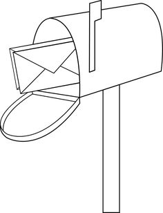 a black and white drawing of a mailbox with an envelope in the top corner