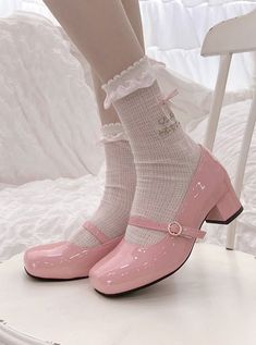 ❤︎ Square Temerge Jane Ribbon French Elegant High Heel❤︎ Pink Coquette Heels, Rococo Heels, Coquette Shoes, Pink Mary Janes, Heel Mary Janes, Mary Jane Shoes Heels, Mary Janes Shoes, Cute High Heels, Royal Clothing