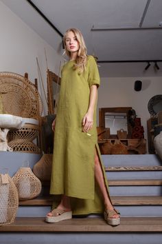 If you want a solid linen dress - that's a choice! Asymmetrical long green color linen dress would make you feel awesome.  This dress is made of 100% washed, natural Baltic linen (EU) GIFT - FREE SHIPPING WORLDWIDE * ENLI5 Linen - it's our family creation... for you with love... _ DESCRIPTION  - made from 100% Baltic linen - asymmetrical length  - dress has two comfortable pockets  - model height is 5.7ft (174 cm.) she wears size M - handmade by ENLI5 Linen family in Lithuania (EU) - Color may vary due to different displays * WHY TO CHOOSE US? Every dress is made individually for our clients. If you need small changes in size, please write us a message and together we would find the solution. Our linen is twice washed, so it gets better shape, stylish wrinkles and  indescribable tenderness Relaxed Fit Solid Color Maxi Dress For Summer, Plain Linen Summer Dress, Vacation Maxi Dress Solid Relaxed Fit, Solid Color Relaxed Fit Maxi Dress For Vacation, Relaxed Fit Solid Color Maxi Dress For Vacation, Vacation Linen Dress Solid Color, Solid Color Linen Vacation Dress, Plain Linen Spring Dress, Plain Linen Beach Dress