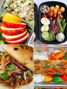 four different pictures with food in them including sandwiches, salads and fruit on the side