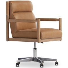 a brown office chair sitting on top of a metal casteor wheel base with leather upholstered seat