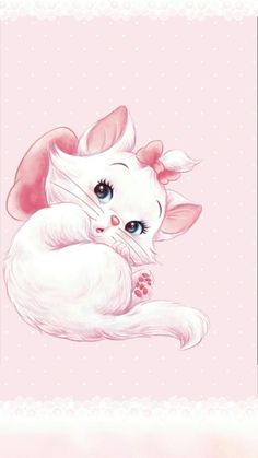 a drawing of a cat with flowers on it's head and eyes, sitting in front of a pink background