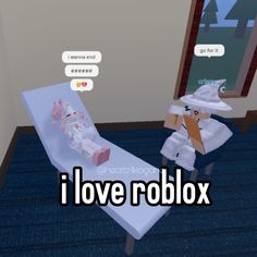 a cartoon character sitting on a couch with the caption i love roblox