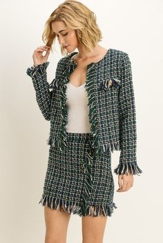 Slay like a queen with our fringes tweed green blazer. Features a green tweed fabric, a plaid print and detailed with gorgeous gold buttons. Long sleeves Tweed fabric Plaid print Gold button details Fabric: 100% Polyester (woven) Note: Jacket on sale (ONLY) Blazer Skirt Set, Tweed Set, Blazer And Skirt Set, Polyester Skirt, Green Tweed, Blazer And Skirt, Green Blazer, Tweed Fabric, Plaid Print