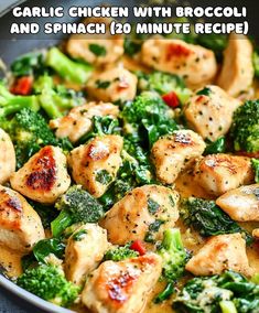 chicken and broccoli stir fry in a skillet with the words garlic chicken with broccoli and spinach 1 minute recipe