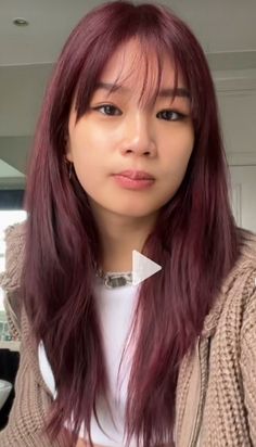 Maroon Hair With Bangs, Asian With Red Hair, Burgundy Hair Asian, Red Hair Asian Girl, Red Hair Asian, Red Wine Hair Color, Asian Red Hair, Hair Asian, Look And Find