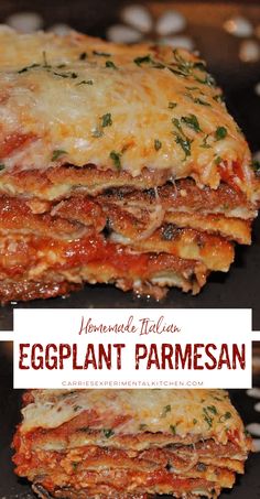 homemade italian eggplant parmesan stacked on top of each other with text overlay